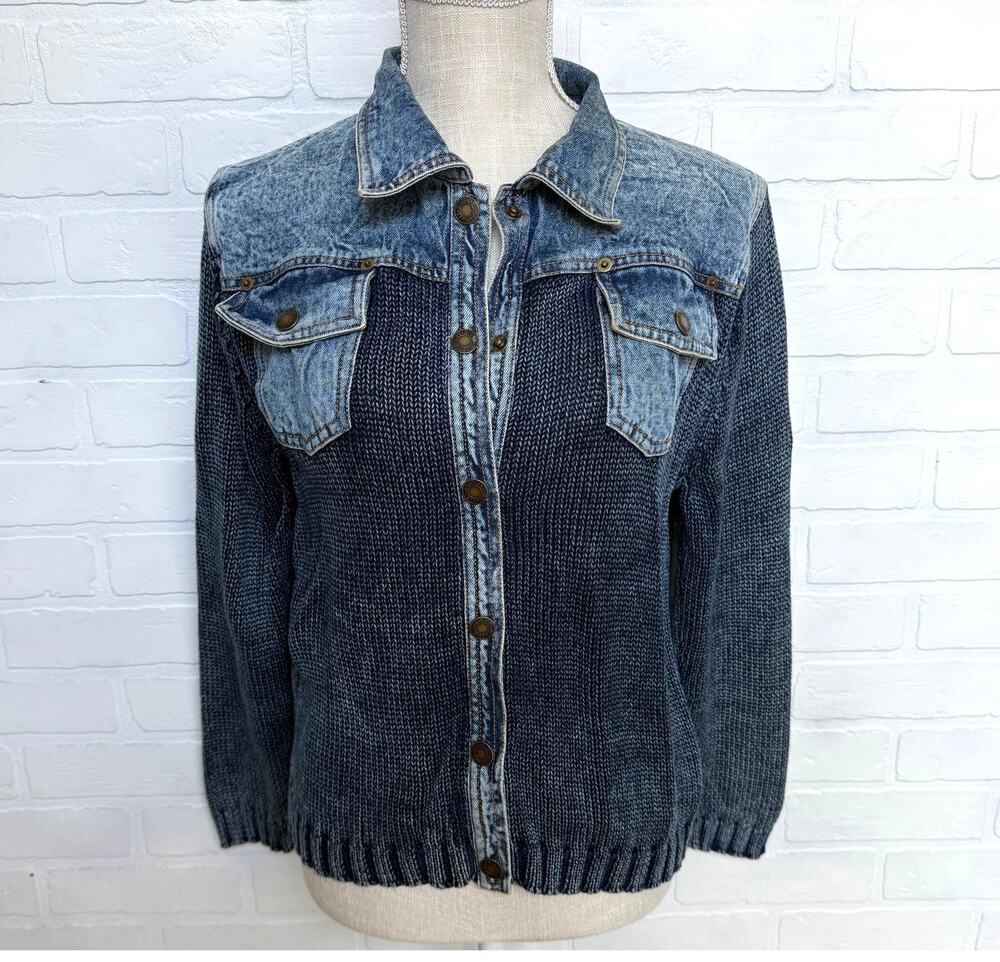 Paris Blues Women's 100% Cotton Blue Jean Sweater Snap Jacket Pockets sz S